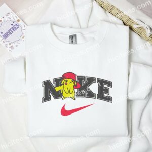 Pikachu Wearing Cap Embroidered Shirt, Pokemon Anime Embroidered Hoodie 1 Pikachu Wearing Cap Embroidered Shirt Pokemon Anime Embroidered Hoodie 2