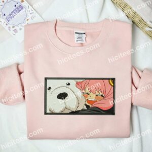 Anya Hugging Bond SpyxFamily Anime Embroidered Shirt 2 Anya Hugging Bond SpyxFamily Anime Embroidered Shirt