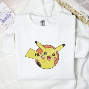 Pikachu Say Hi Pokemon Anime Embroidered Shirt 1 Pikachu Say Hi Pokmon Anime Embroidered Shirt 3