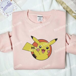 Pikachu Say Hi Pokemon Anime Embroidered Shirt 2 Pikachu Say Hi Pokmon Anime Embroidered Shirt