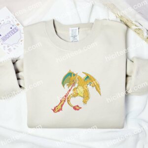 Charizard Breathing Fire Pokemon Anime Embroidered Shirt 2 Charizard Breathing Fire Pokemon Anime Embroidered Shirt