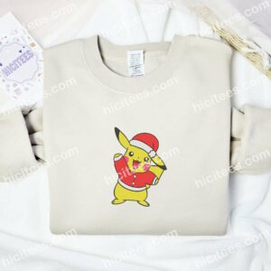 Pikachu Christmas Pokemon Anime Embroidered Shirt 2 Pikachu Christmas Pokemon Anime Embroidered Shirt