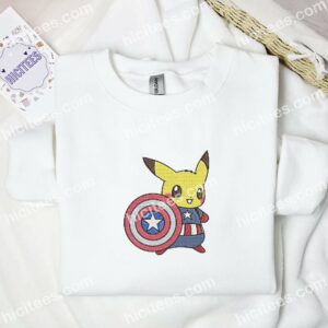 Pikachu Cosplay Captain America Pokemon Anime Embroidered Shirt 1 Pikachu Cosplay Captain America Pokemon Anime Embroidered Shirt 3