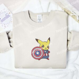 Pikachu Cosplay Captain America Pokemon Anime Embroidered Shirt 2 Pikachu Cosplay Captain America Pokemon Anime Embroidered Shirt