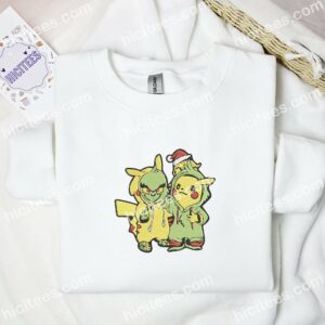 Grinch And Pikachu Xmas Pokemon Anime Embroidered Shirt 1 Grinch And Pikachu Xmas Pokemon Anime Embroidered Shirt 3