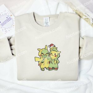 Grinch And Pikachu Xmas Pokemon Anime Embroidered Shirt 2 Grinch And Pikachu Xmas Pokemon Anime Embroidered Shirt