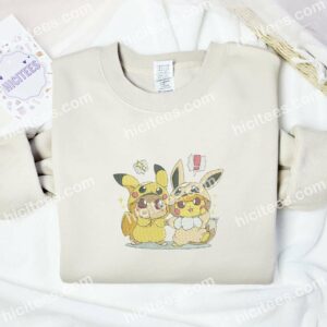Pikachu And Eevee Cute Pokemon Anime Embroidered Shirt 2 Pikachu And Eevee Cute Pokemon Anime Embroidered Shirt