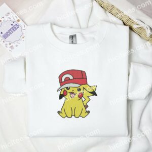 Pikachu Wearing Ash's Cap Pokemon Anime Embroidered Shirt 1 Pikachu Wearing Ashs Cap Pokemon Anime Embroidered Shirt 3