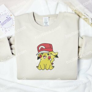 Pikachu Wearing Ash's Cap Pokemon Anime Embroidered Shirt 2 Pikachu Wearing Ashs Cap Pokemon Anime Embroidered Shirt