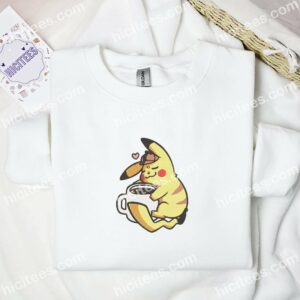 Pikachu Love Coffee Pokemon Anime Embroidered Shirt 3