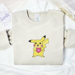 Pikachu Holding Heart Pokemon Anime Embroidered Shirt 2 Pikachu Holding Heart Pokemon Anime Embroidered Shirt