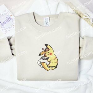 Pikachu Love Coffee Pokemon Anime Embroidered Shirt