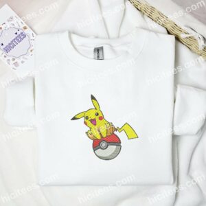 Pikachu Sitting on PokeBall Pokemon Anime Embroidered Shirt 3