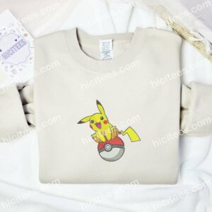 Pikachu Sitting on PokeBall Pokemon Anime Embroidered Shirt