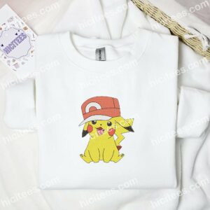 Pikachu Wearing Ash's Cap Pokemon Anime Embroidered Shirt 1 Pikachu Wearing Ashs Cap Pokemon Anime Embroidered Shirt 3 1