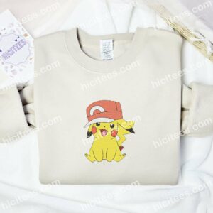 Pikachu Wearing Ash's Cap Pokemon Anime Embroidered Shirt 2 Pikachu Wearing Ashs Cap Pokemon Anime Embroidered Shirt 1