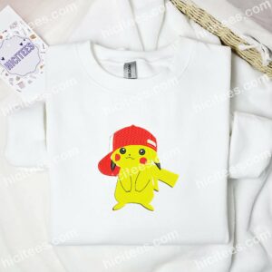 Pikachu Wearing Cap Pokemon Anime Embroidered Shirt 3