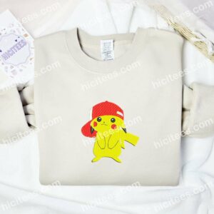 Pikachu Wearing Cap Pokemon Anime Embroidered Shirt