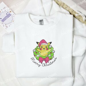 Pikachu Xmas Wreath Pokemon Anime Embroidered Shirt 1 Pikachu Xmas Wreath Pokemon Anime Embroidered Shirt 3
