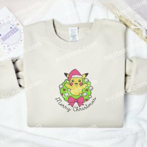 Pikachu Xmas Wreath Pokemon Anime Embroidered Shirt 2 Pikachu Xmas Wreath Pokemon Anime Embroidered Shirt