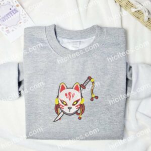 Kitsune Mask With Katana Anime Embroidered Shirt 1 Kitsune Mask With Katana Anime Embroidered Shirt 3