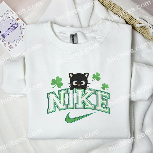Chococat Shamrocks Embroidered Shirt, Sanrio Cartoon Embroidered Hoodie, Saint Patrick’s Day Embroidered Sweatshirt