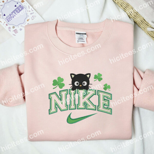 Chococat Shamrocks Embroidered Shirt, Sanrio Cartoon Embroidered Hoodie, Saint Patrick’s Day Embroidered Sweatshirt