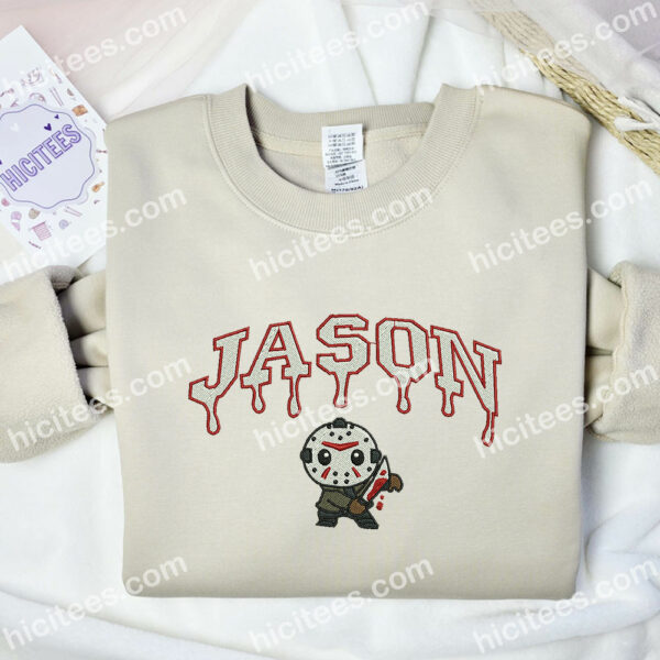 Jason Voorhees Chibi Embroidered Hoodie, Horror Movie Embroidered Sweatshirt, Halloween Embroidered Shirt