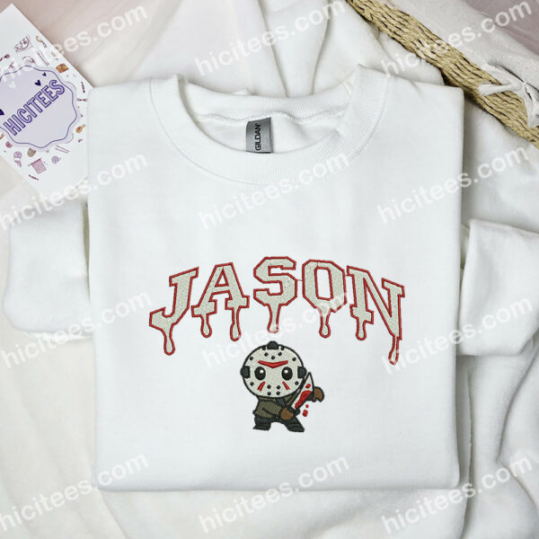Jason Voorhees Chibi Embroidered Hoodie, Horror Movie Embroidered Sweatshirt, Halloween Embroidered Shirt