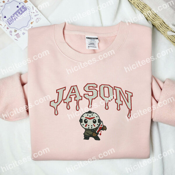Jason Voorhees Chibi Embroidered Hoodie, Horror Movie Embroidered Sweatshirt, Halloween Embroidered Shirt